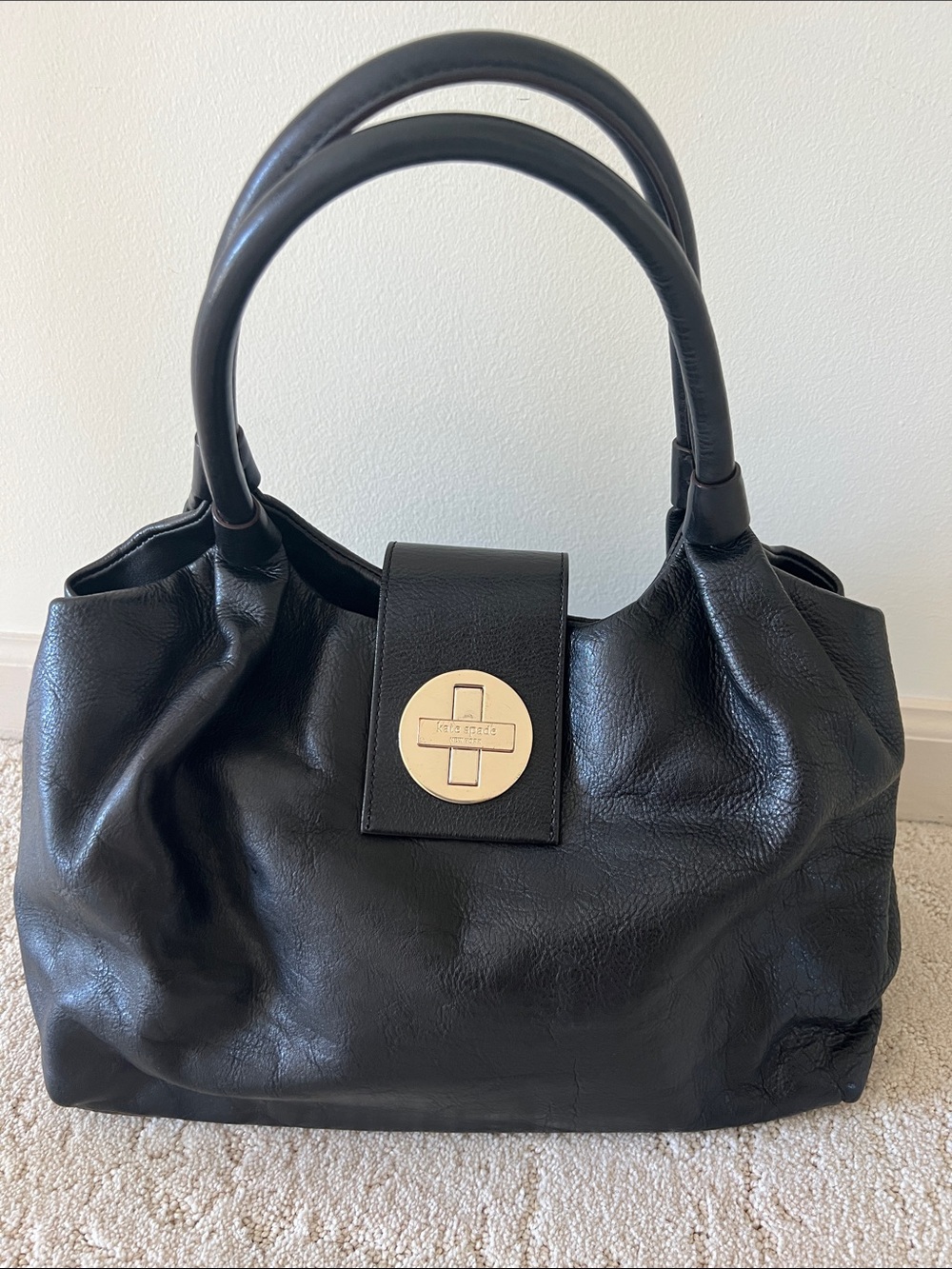 Tory Burch Black Leather Tote Bag with Gold Turn-Lock